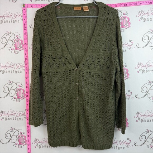 Northcrest Sweaters - Northcrest classic sweater knit knitted Olive Open-Knit V-Neck Button Cardigan